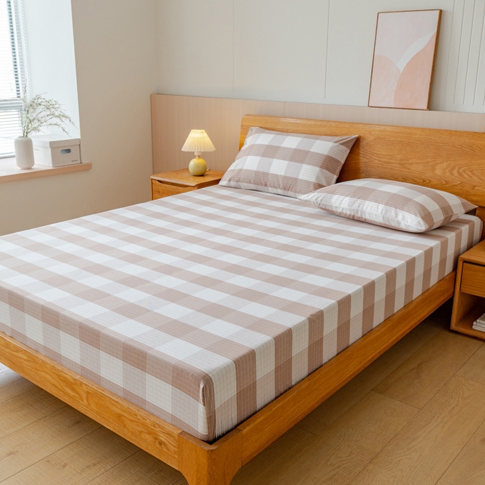 91家纺网 家纺一手货源 找家纺 居美良品 2026新款A类100%全棉色织老粗布床笠床单枕套二三件套 素雅-咖格