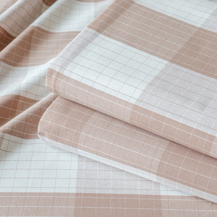 91家纺网 家纺一手货源 找家纺 居美良品 2026新款A类100%全棉色织老粗布床笠床单枕套二三件套 素雅-咖格