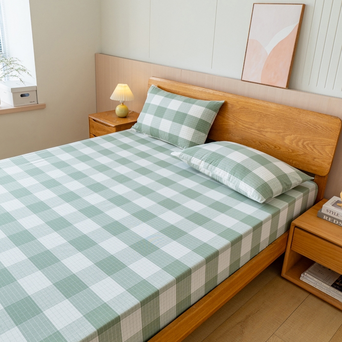 91家纺网 家纺一手货源 找家纺 居美良品 2026新款A类100%全棉色织老粗布床笠床单枕套二三件套 素雅-绿格