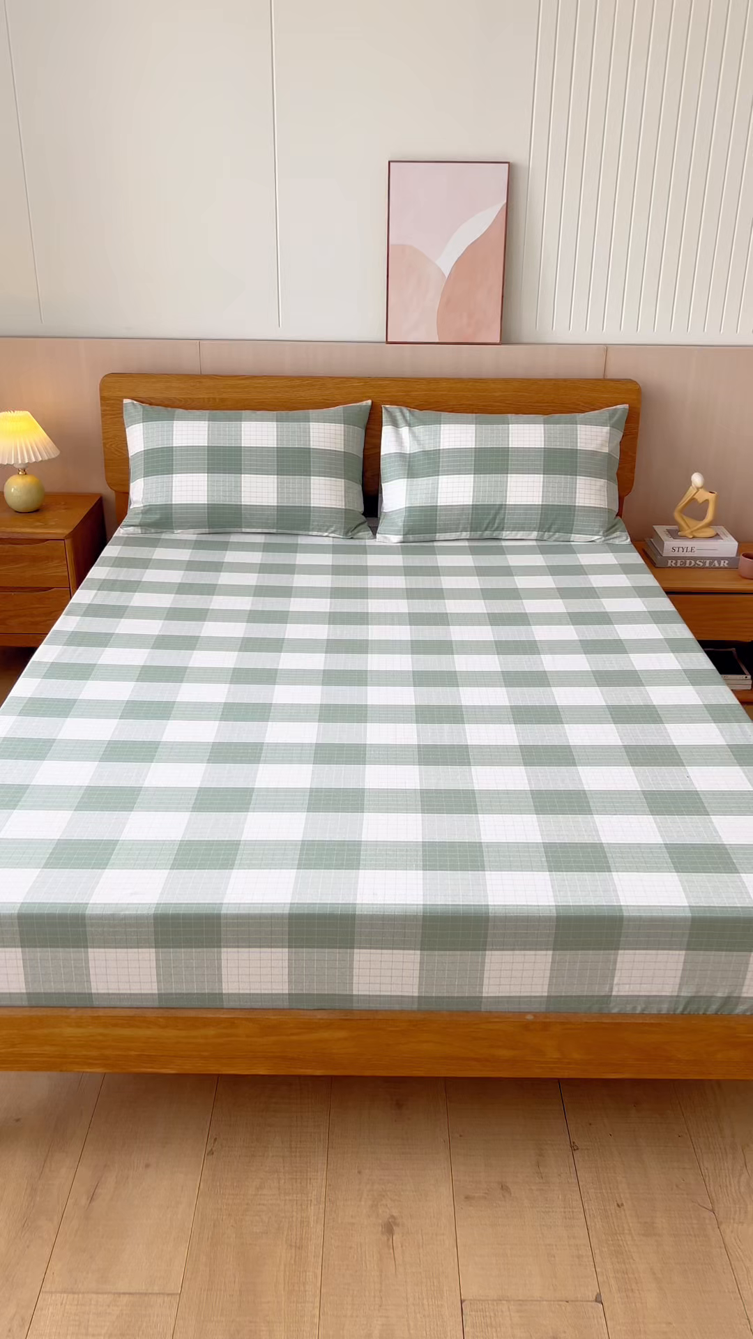 91家纺网 家纺一手货源 找家纺 居美良品 2026新款A类100%全棉色织老粗布床笠床单枕套二三件套 素雅-绿格