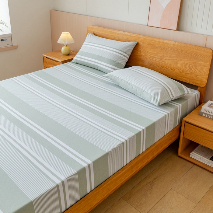 91家纺网 家纺一手货源 找家纺 居美良品 2026新款A类100%全棉色织老粗布床笠床单枕套二三件套 云锦-淡绿