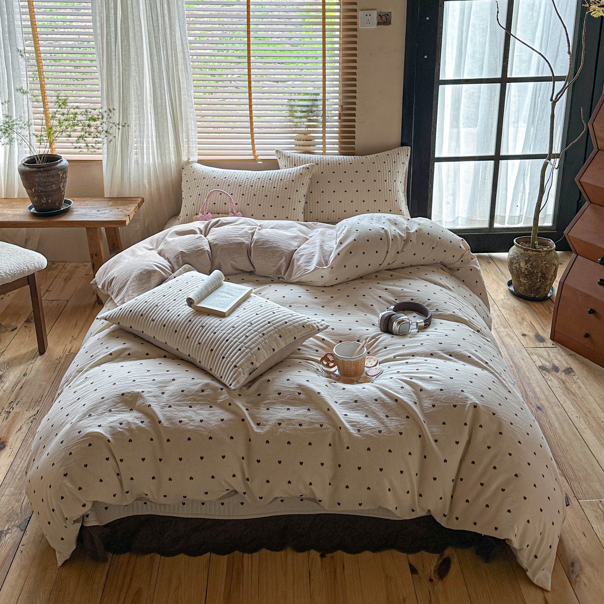 91家纺网 家纺一手货源 找家纺 孑寐家纺 2026新款亲肤舒适全棉棉麻单床盖床盖单件 爱心律动