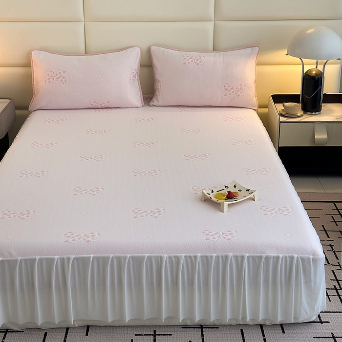 91家纺网 家纺一手货源 找家纺 七里香 2026新款提花冰豆豆床裙款凉席三件套四件套 床裙款蝴蝶结-粉