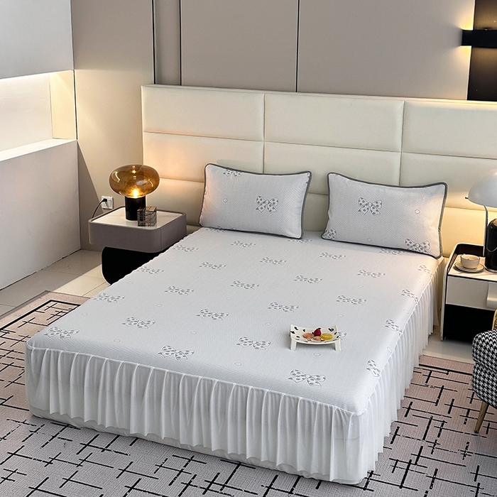 91家纺网 家纺一手货源 找家纺 七里香 2026新款提花冰豆豆床裙款凉席三件套四件套 床裙款蝴蝶结-灰