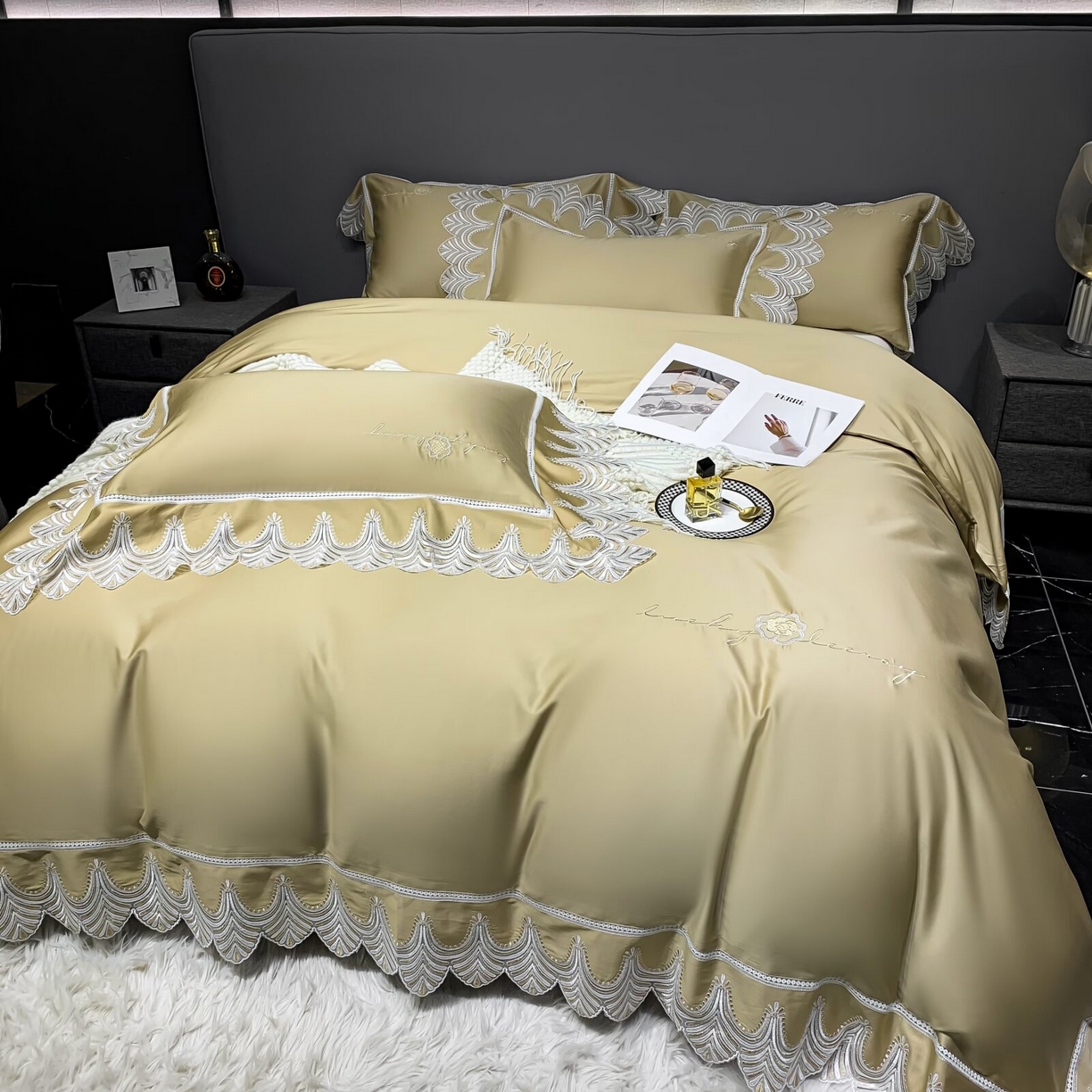 91家纺网 家纺一手货源 找家纺 （总）2026新款纯棉长绒棉轻奢花边床盖款四件套-伊丽莎白