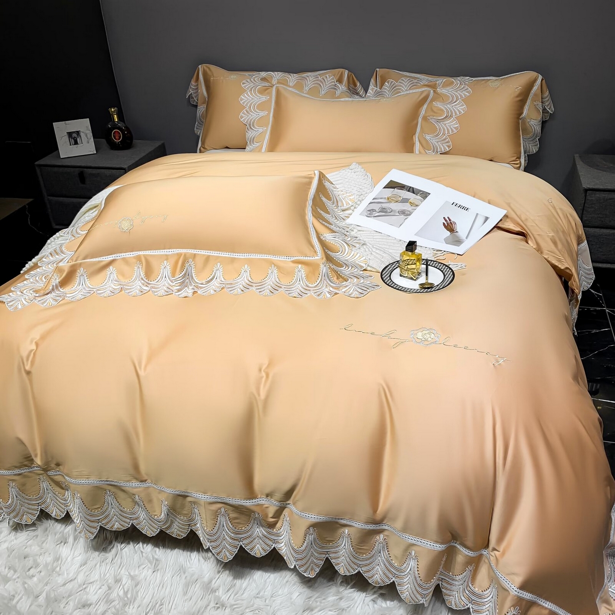 91家纺网 家纺一手货源 找家纺 （总）2026新款纯棉长绒棉轻奢花边床盖款四件套-伊丽莎白