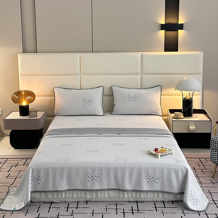 91家纺网 家纺一手货源 找家纺 七里香 2026新款提花冰豆豆床裙款凉席三件套四件套 床裙款蝴蝶结-灰