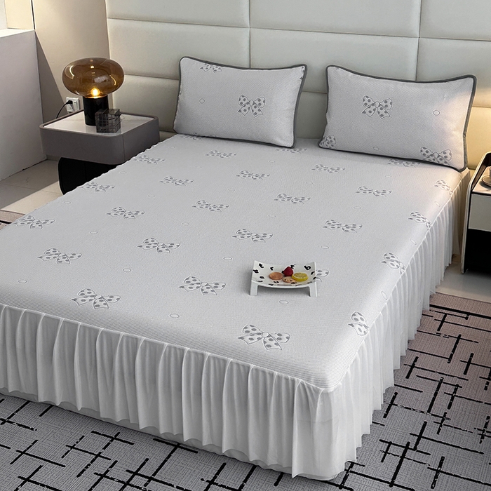 91家纺网 家纺一手货源 找家纺 七里香 2026新款提花冰豆豆床裙款凉席三件套四件套 床裙款蝴蝶结-灰