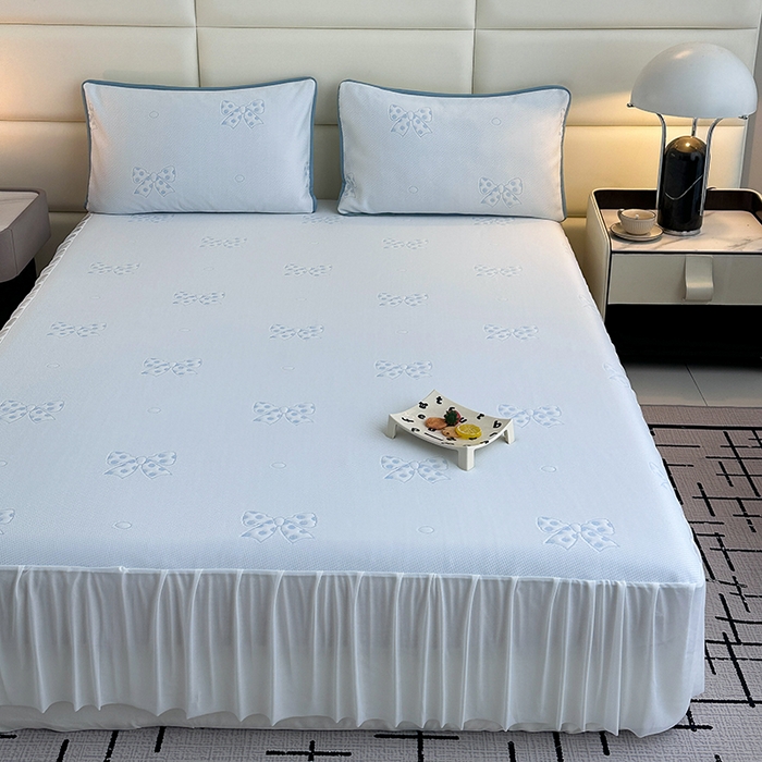 91家纺网 家纺一手货源 找家纺 七里香 2026新款提花冰豆豆床裙款凉席三件套四件套 床裙款蝴蝶结-蓝