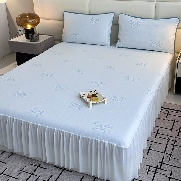 91家纺网 家纺一手货源 找家纺 七里香 2026新款提花冰豆豆床裙款凉席三件套四件套 床裙款蝴蝶结-蓝