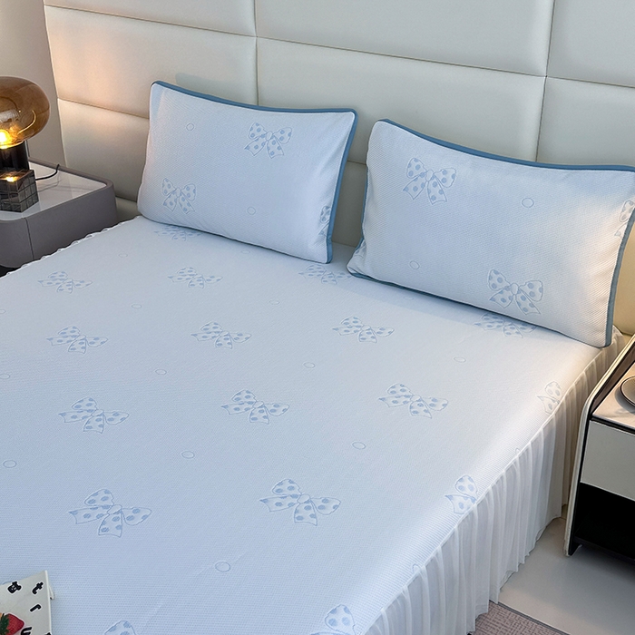 91家纺网 家纺一手货源 找家纺 七里香 2026新款提花冰豆豆床裙款凉席三件套四件套 床裙款蝴蝶结-蓝