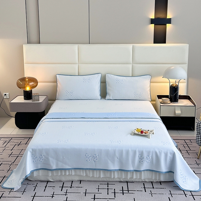 91家纺网 家纺一手货源 找家纺 七里香 2026新款提花冰豆豆床裙款凉席三件套四件套 床裙款蝴蝶结-蓝