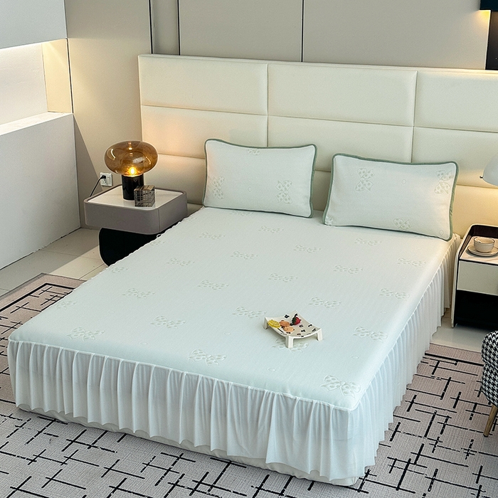 91家纺网 家纺一手货源 找家纺 七里香 2026新款提花冰豆豆床裙款凉席三件套四件套 床裙款蝴蝶结-绿