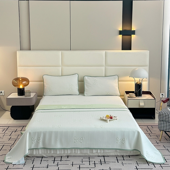 91家纺网 家纺一手货源 找家纺 七里香 2026新款提花冰豆豆床裙款凉席三件套四件套 床裙款蝴蝶结-绿