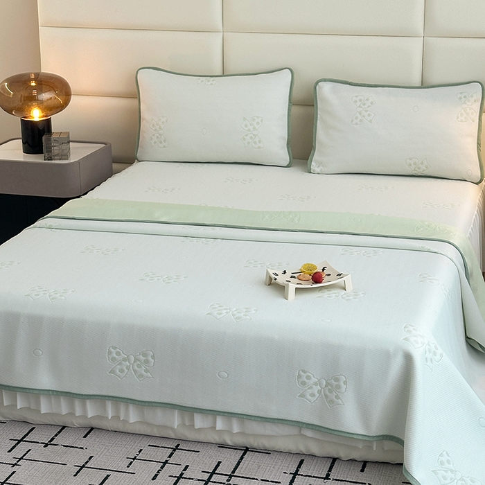 91家纺网 家纺一手货源 找家纺 七里香 2026新款提花冰豆豆床裙款凉席三件套四件套 床裙款蝴蝶结-绿