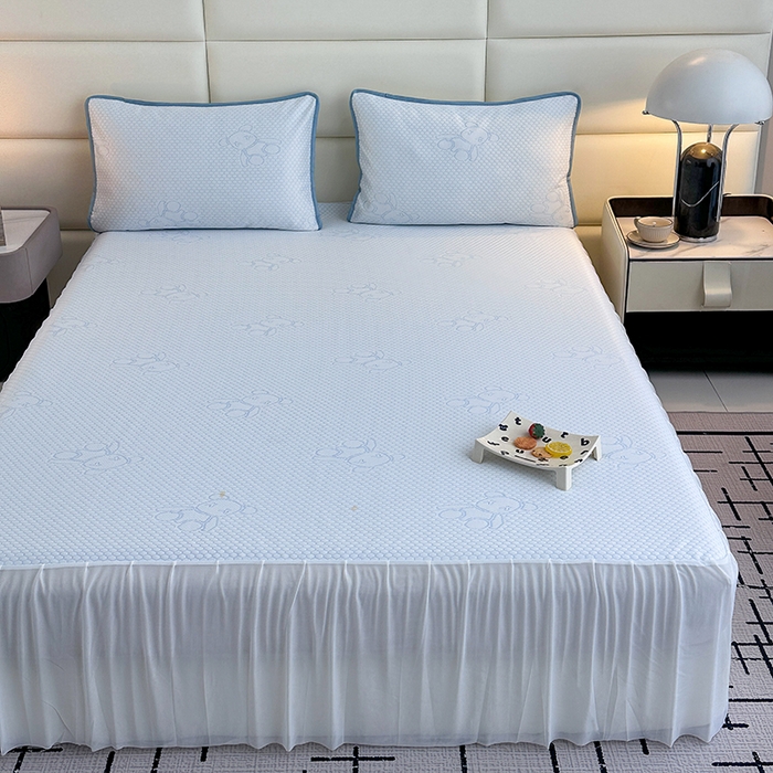 91家纺网 家纺一手货源 找家纺 七里香 2026新款提花冰豆豆床裙款凉席三件套四件套 床裙款小熊-蓝