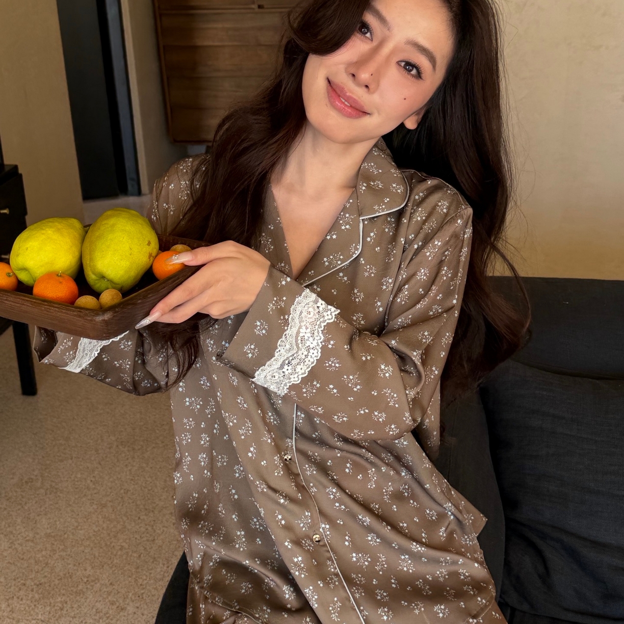 91家纺网 家纺一手货源 找家纺 （总）妍景家居生活馆 2026春夏新款冰雪丝-蕾丝小碎花绿家居服