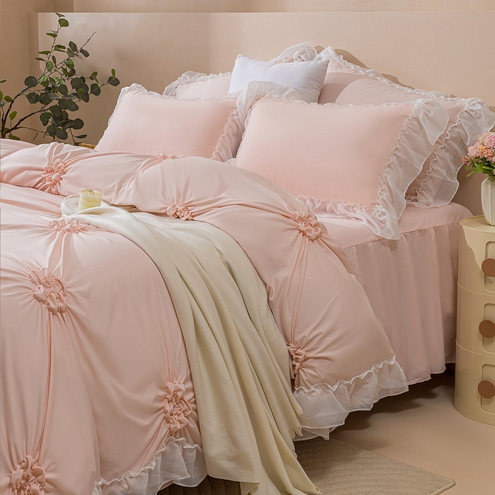 91家纺网 家纺一手货源 找家纺 （总）恩和家纺 2026新款弹力揪花白纱飞边床单款床裙款三四件套