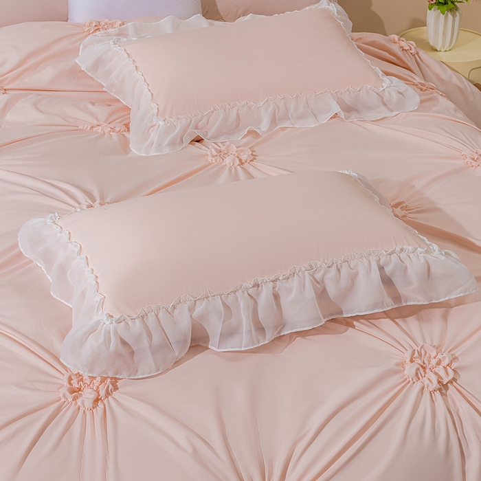 91家纺网 家纺一手货源 找家纺 （总）恩和家纺 2026新款弹力揪花白纱飞边床单款床裙款三四件套