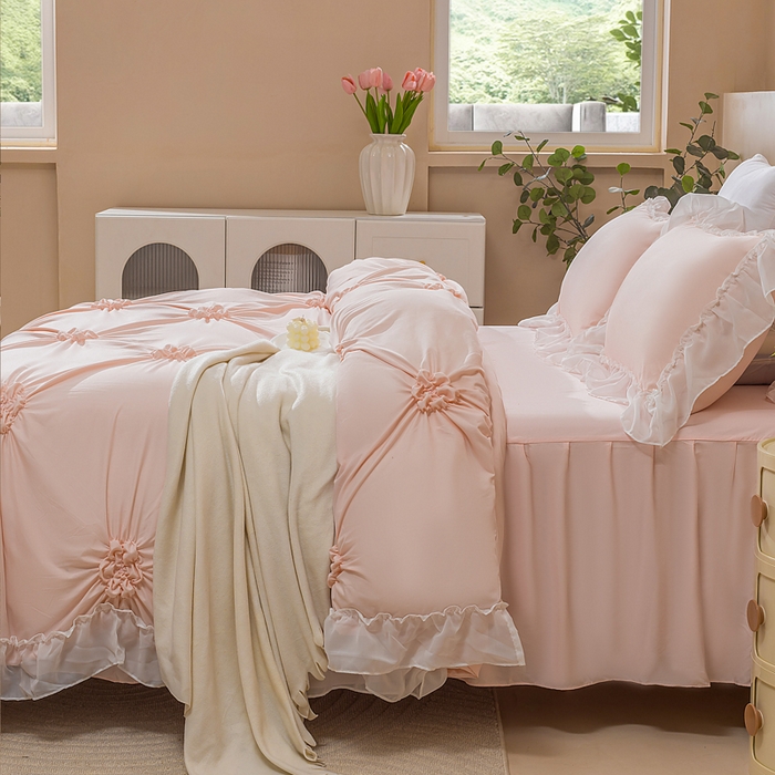 91家纺网 家纺一手货源 找家纺 （总）恩和家纺 2026新款弹力揪花白纱飞边床单款床裙款三四件套