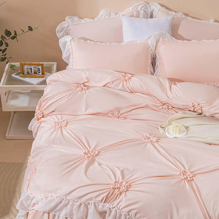 91家纺网 家纺一手货源 找家纺 （总）恩和家纺 2026新款弹力揪花白纱飞边床单款床裙款三四件套