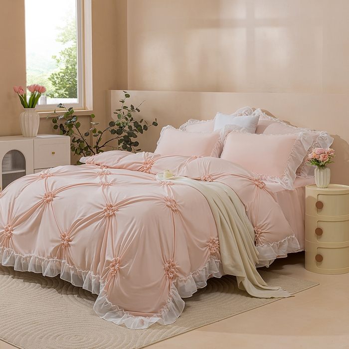 91家纺网 家纺一手货源 找家纺 （总）恩和家纺 2026新款弹力揪花白纱飞边床单款床裙款三四件套