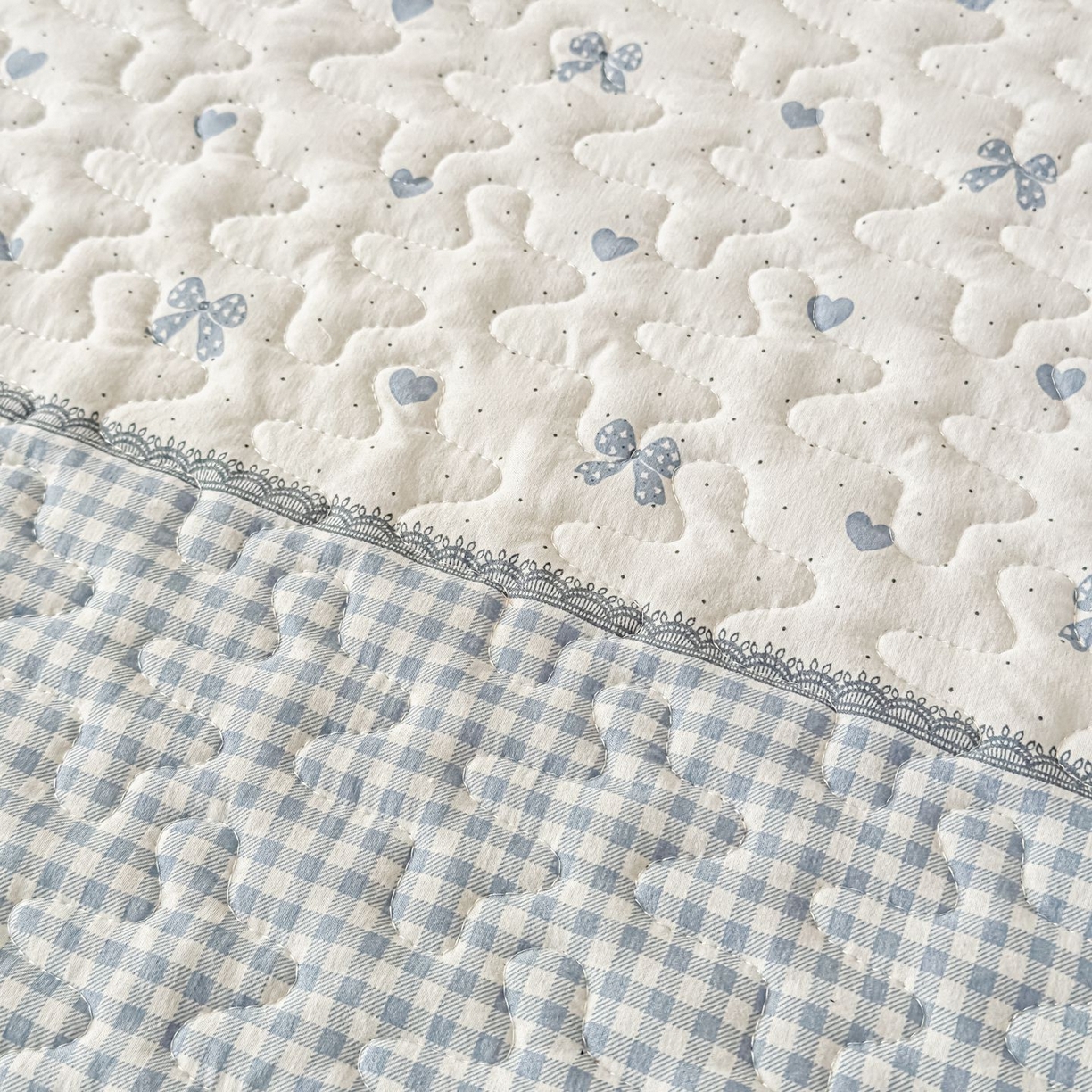 91家纺网 家纺一手货源 找家纺 雅眠居 2026新款直播爆款古法仿棉双层蕾丝花边床盖四件套 彩格-蓝