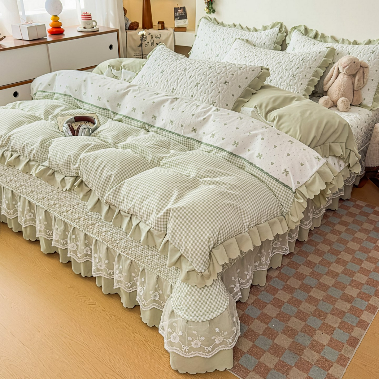 雅眠居 2026新款直播爆款古法仿棉双层蕾丝花边床盖四件套 彩格-绿