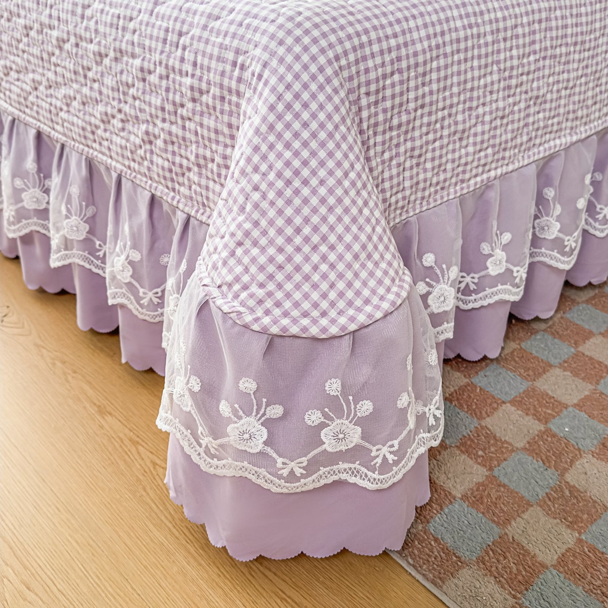 91家纺网 家纺一手货源 找家纺 雅眠居 2026新款直播爆款古法仿棉双层蕾丝花边床盖四件套 彩格-紫