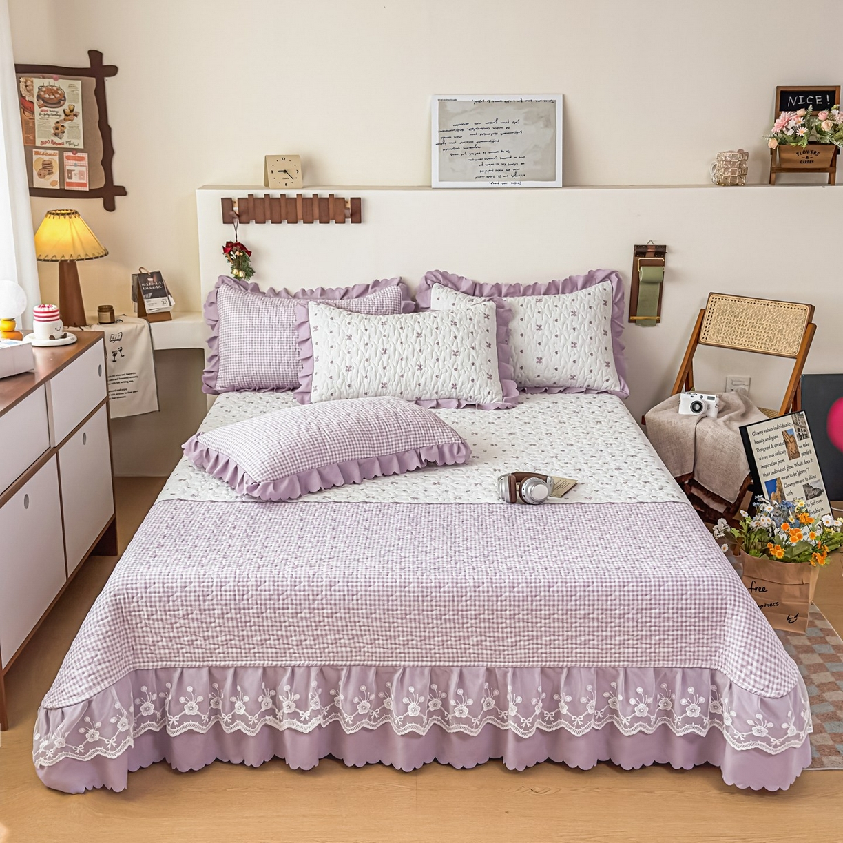 91家纺网 家纺一手货源 找家纺 雅眠居 2026新款直播爆款古法仿棉双层蕾丝花边床盖四件套 彩格-紫