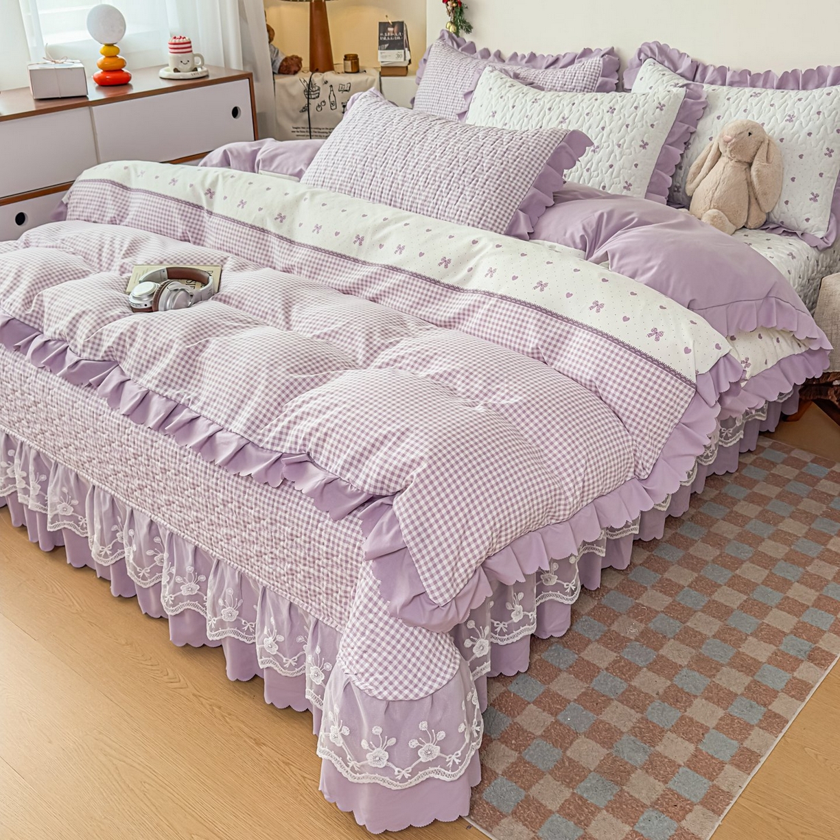 雅眠居 2026新款直播爆款古法仿棉双层蕾丝花边床盖四件套 彩格-紫