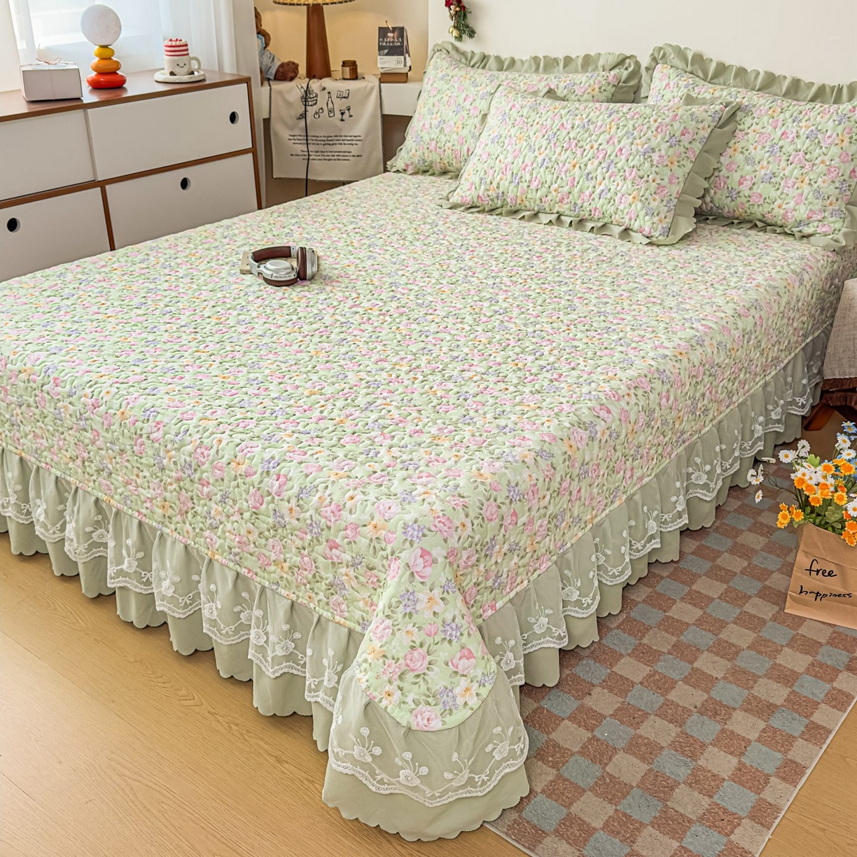 91家纺网 家纺一手货源 找家纺 雅眠居 2026新款直播爆款古法仿棉双层蕾丝花边床盖四件套 花满满