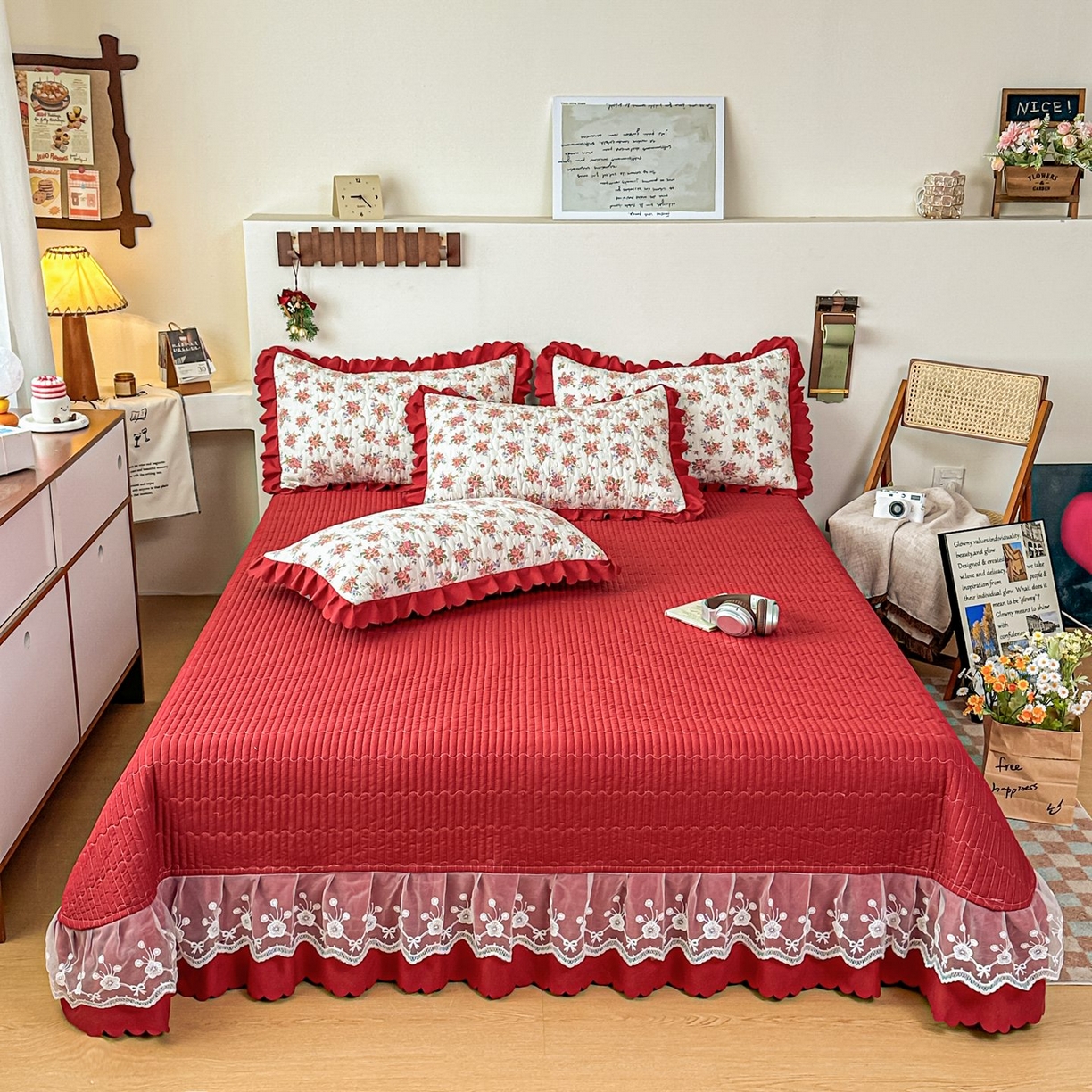 91家纺网 家纺一手货源 找家纺 雅眠居 2026新款直播爆款古法仿棉双层蕾丝花边床盖四件套 花语