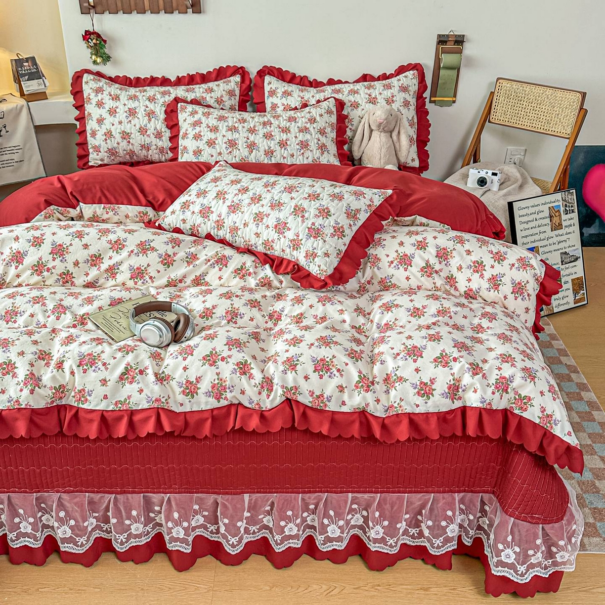 91家纺网 家纺一手货源 找家纺 雅眠居 2026新款直播爆款古法仿棉双层蕾丝花边床盖四件套 花语