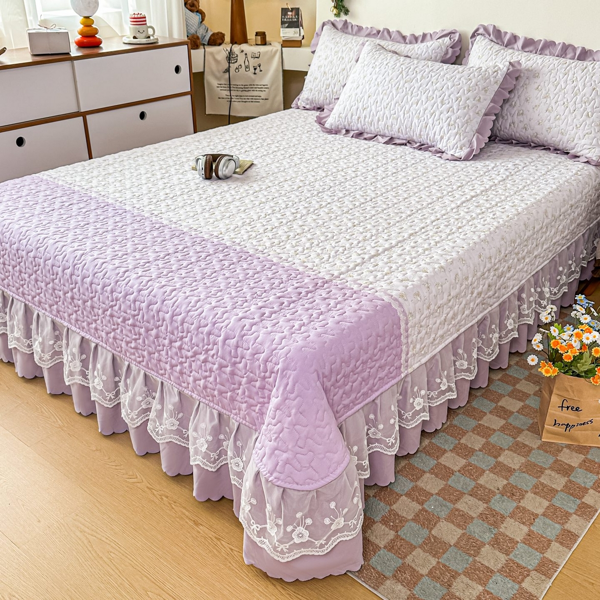 91家纺网 家纺一手货源 找家纺 雅眠居 2026新款直播爆款古法仿棉双层蕾丝花边床盖四件套 秘境-紫