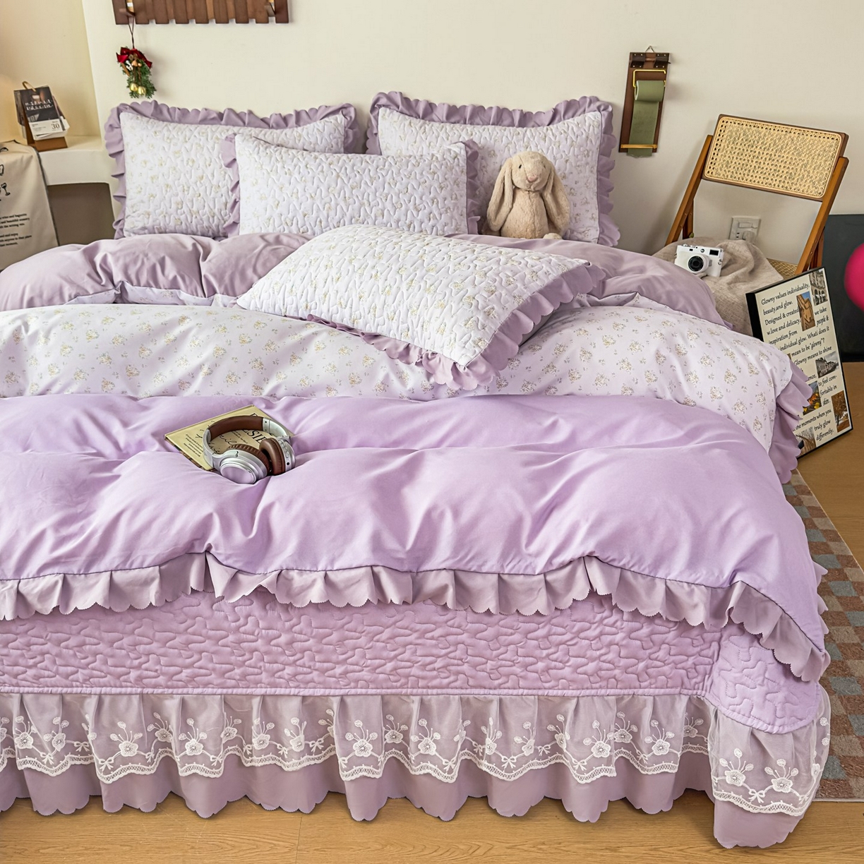 91家纺网 家纺一手货源 找家纺 雅眠居 2026新款直播爆款古法仿棉双层蕾丝花边床盖四件套 秘境-紫