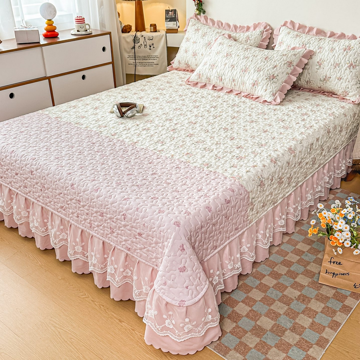 91家纺网 家纺一手货源 找家纺 雅眠居 2026新款直播爆款古法仿棉双层蕾丝花边床盖四件套 诗意