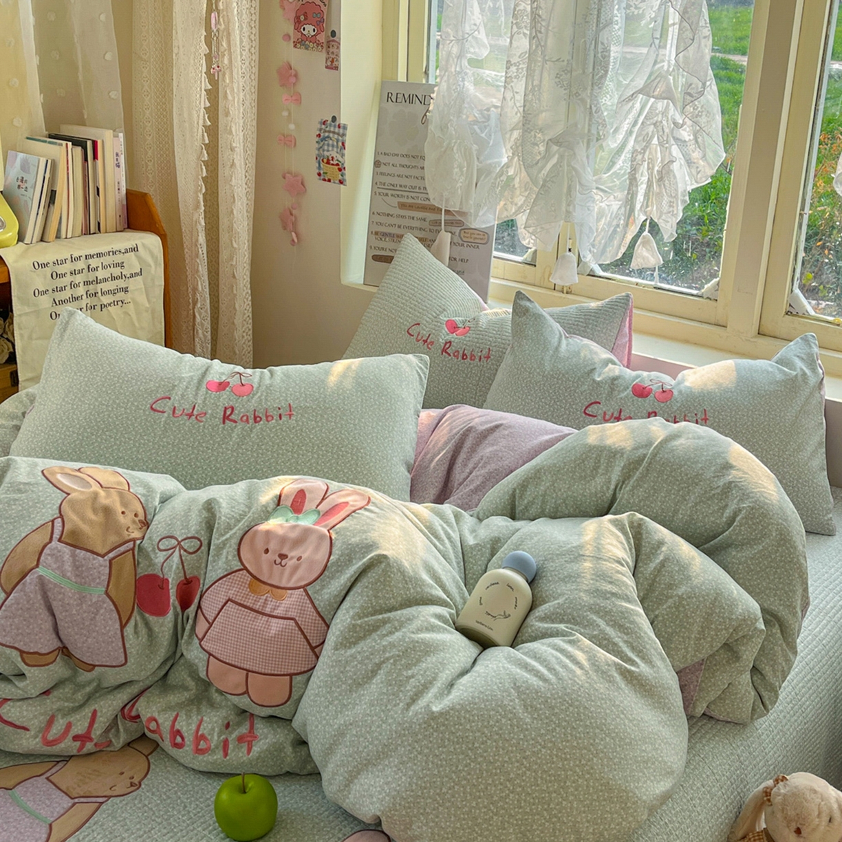 91家纺网 家纺一手货源 找家纺 萌飞 2026直播热款贴布绣加厚仿棉古法水洗棉夹棉床盖 萌萌兔绿