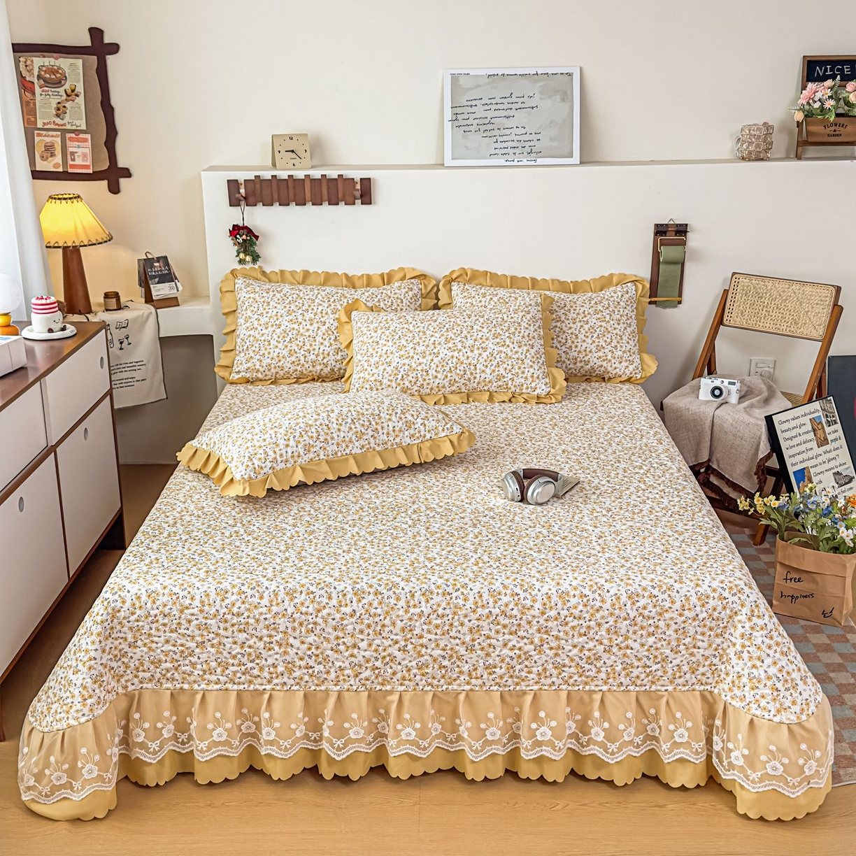 91家纺网 家纺一手货源 找家纺 雅眠居 2026新款直播爆款古法仿棉双层蕾丝花边床盖四件套 小时光