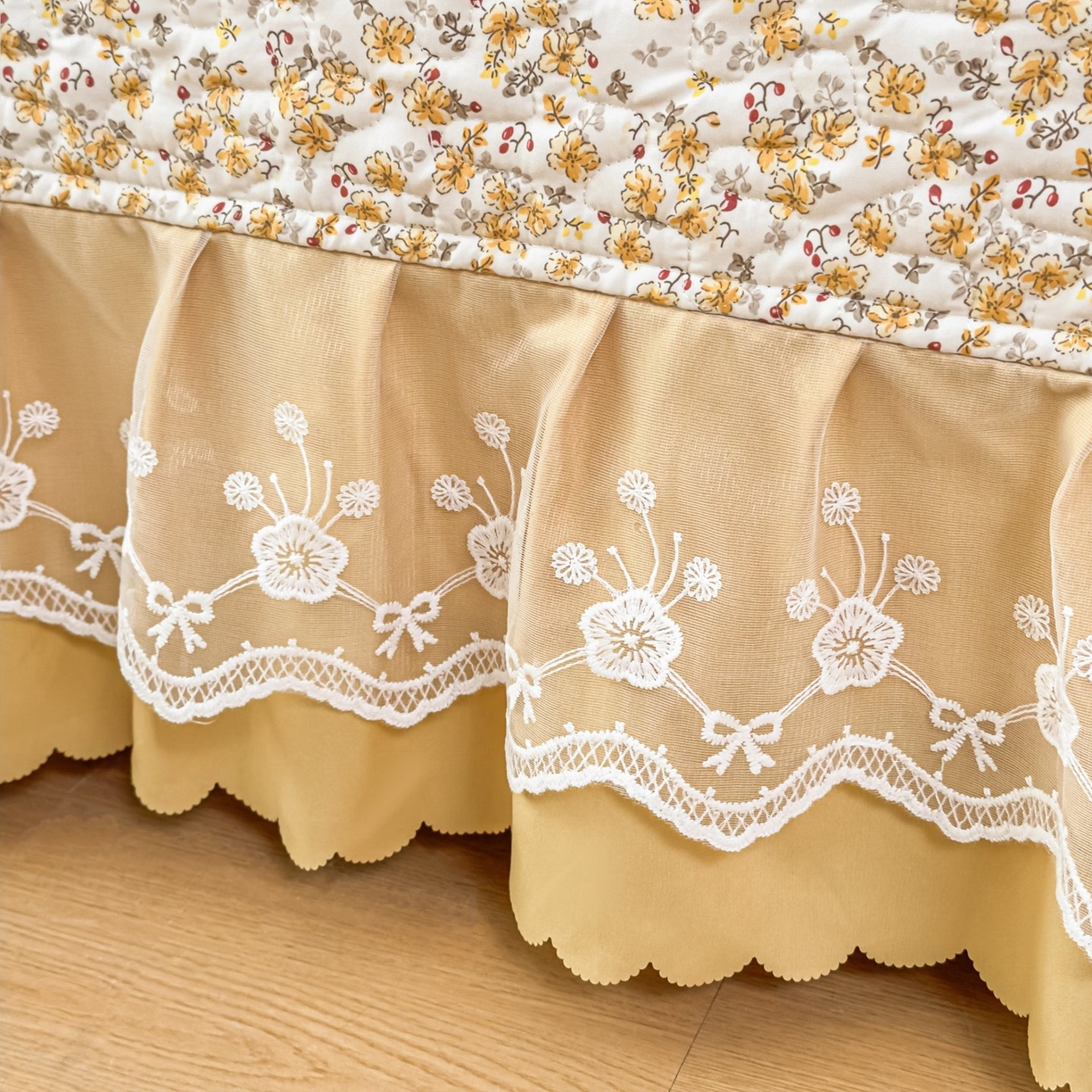 91家纺网 家纺一手货源 找家纺 雅眠居 2026新款直播爆款古法仿棉双层蕾丝花边床盖四件套 小时光