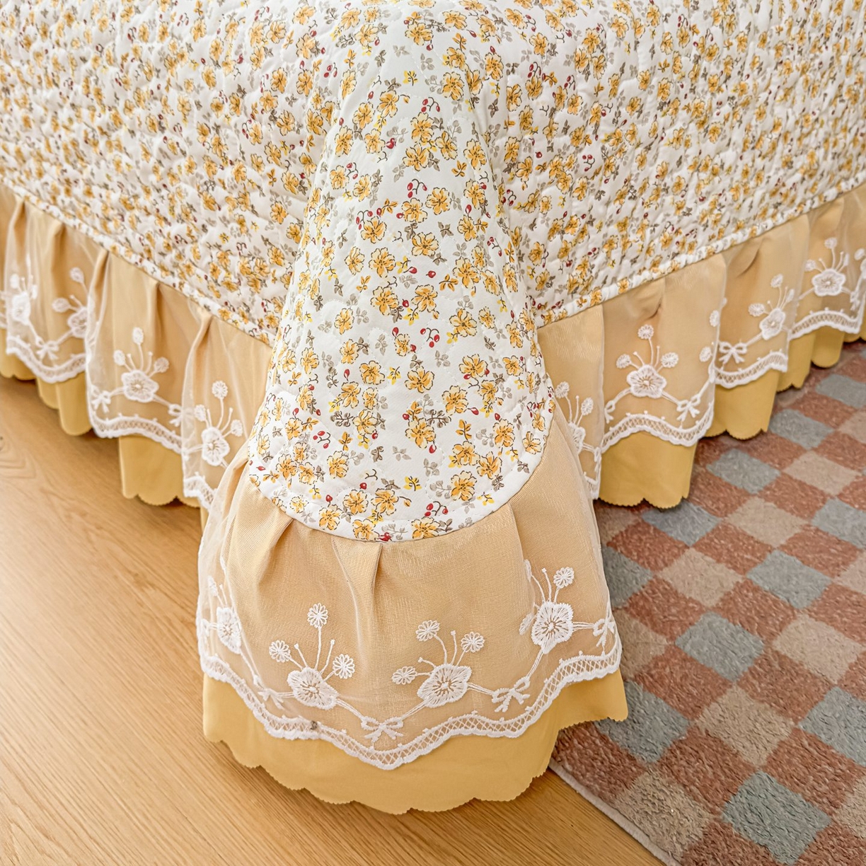 91家纺网 家纺一手货源 找家纺 雅眠居 2026新款直播爆款古法仿棉双层蕾丝花边床盖四件套 小时光