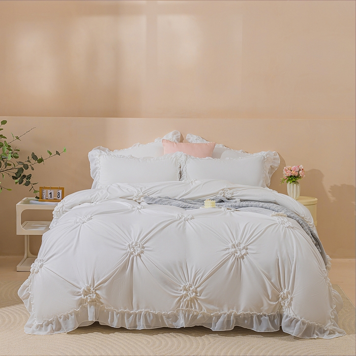 91家纺网 家纺一手货源 找家纺 （总）恩和家纺 2026新款弹力揪花白纱飞边床单款床裙款三四件套