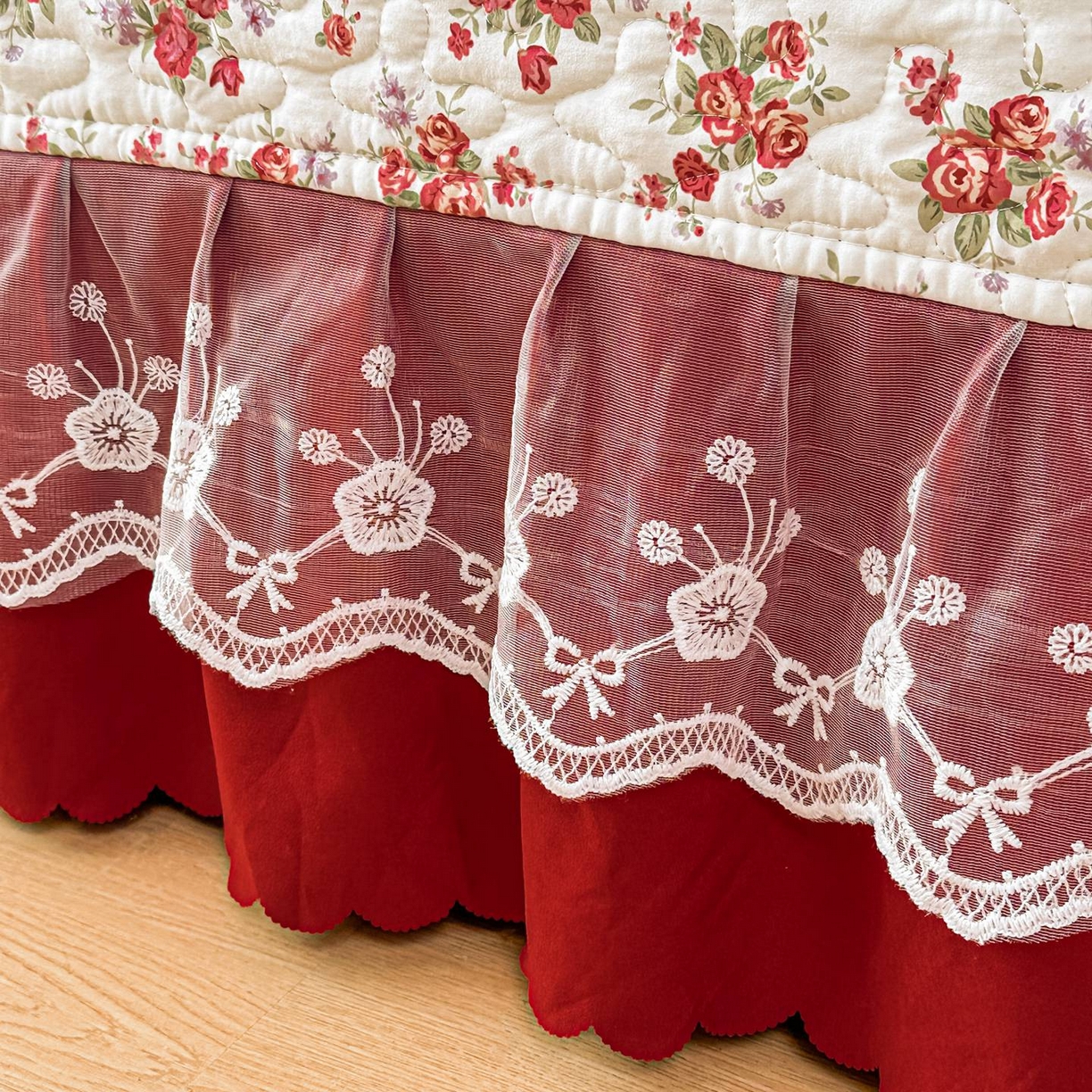 91家纺网 家纺一手货源 找家纺 雅眠居 2026新款直播爆款古法仿棉双层蕾丝花边床盖四件套 胭花集