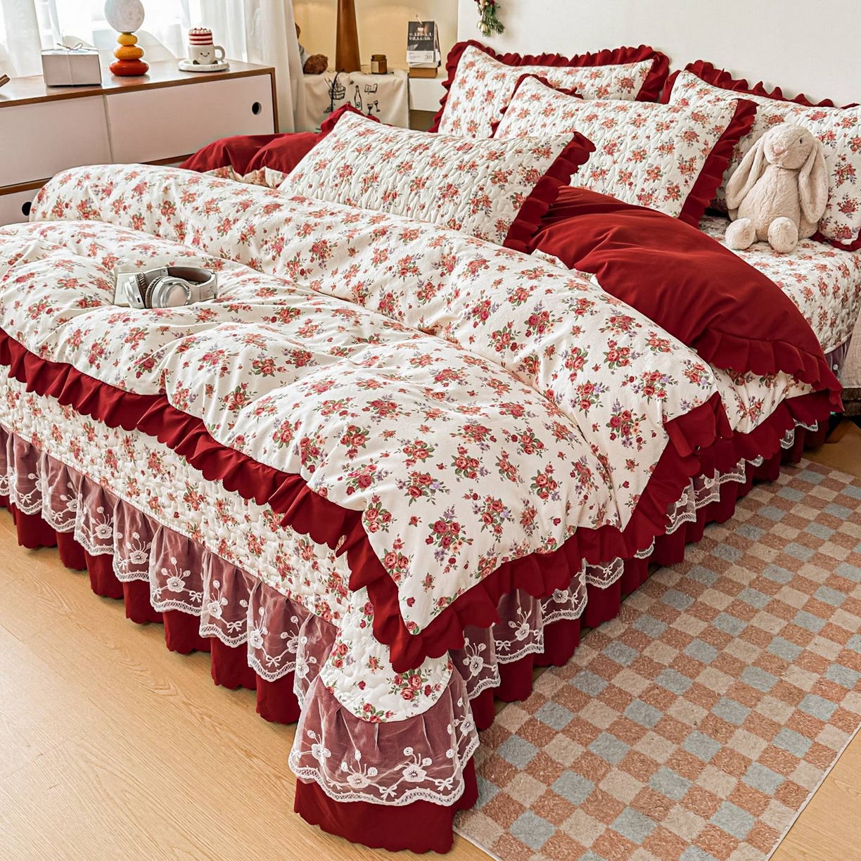 雅眠居 2026新款直播爆款古法仿棉双层蕾丝花边床盖四件套 胭花集