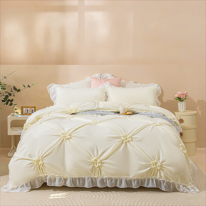 91家纺网 家纺一手货源 找家纺 （总）恩和家纺 2026新款弹力揪花白纱飞边床单款床裙款三四件套