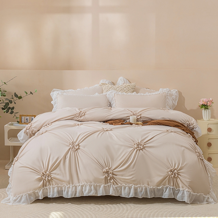 91家纺网 家纺一手货源 找家纺 （总）恩和家纺 2026新款弹力揪花白纱飞边床单款床裙款三四件套