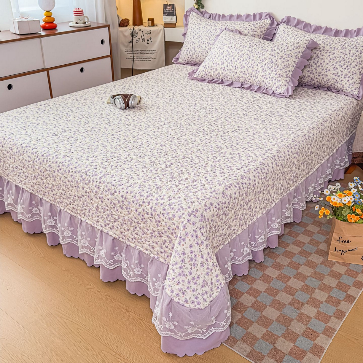 91家纺网 家纺一手货源 找家纺 雅眠居 2026新款直播爆款古法仿棉双层蕾丝花边床盖四件套 紫萱