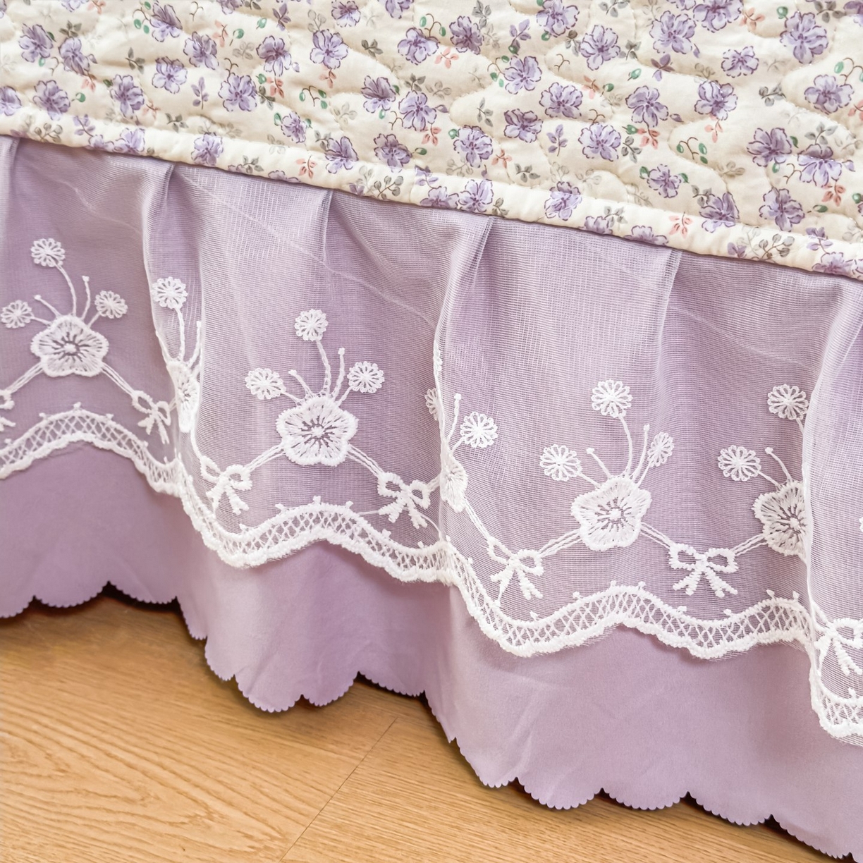 91家纺网 家纺一手货源 找家纺 雅眠居 2026新款直播爆款古法仿棉双层蕾丝花边床盖四件套 紫萱