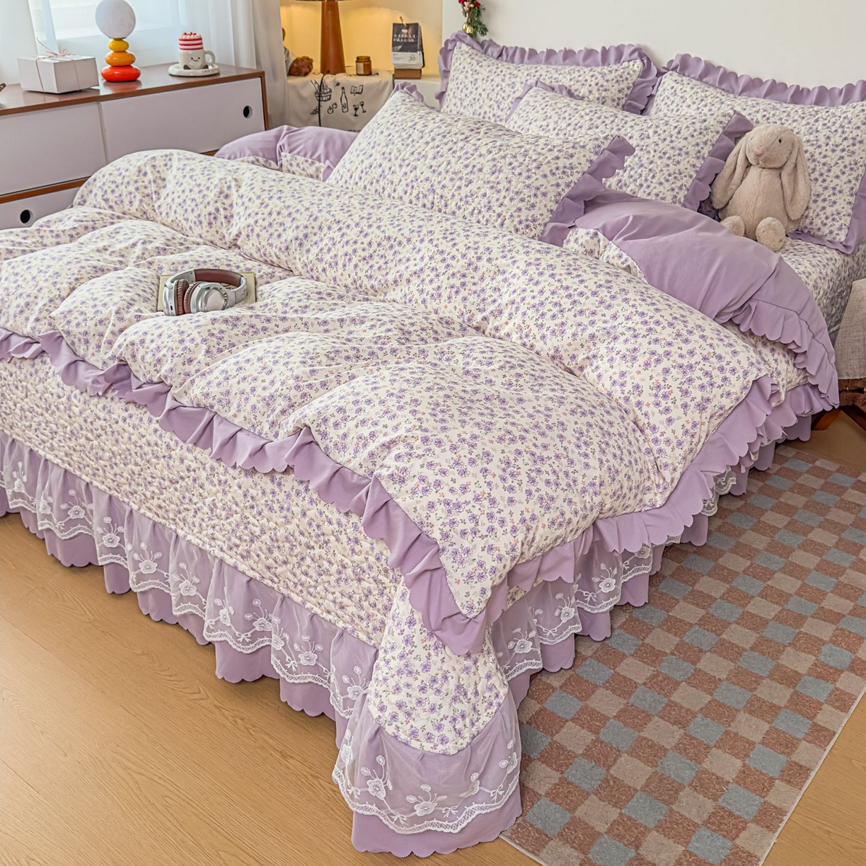 雅眠居 2026新款直播爆款古法仿棉双层蕾丝花边床盖四件套 紫萱