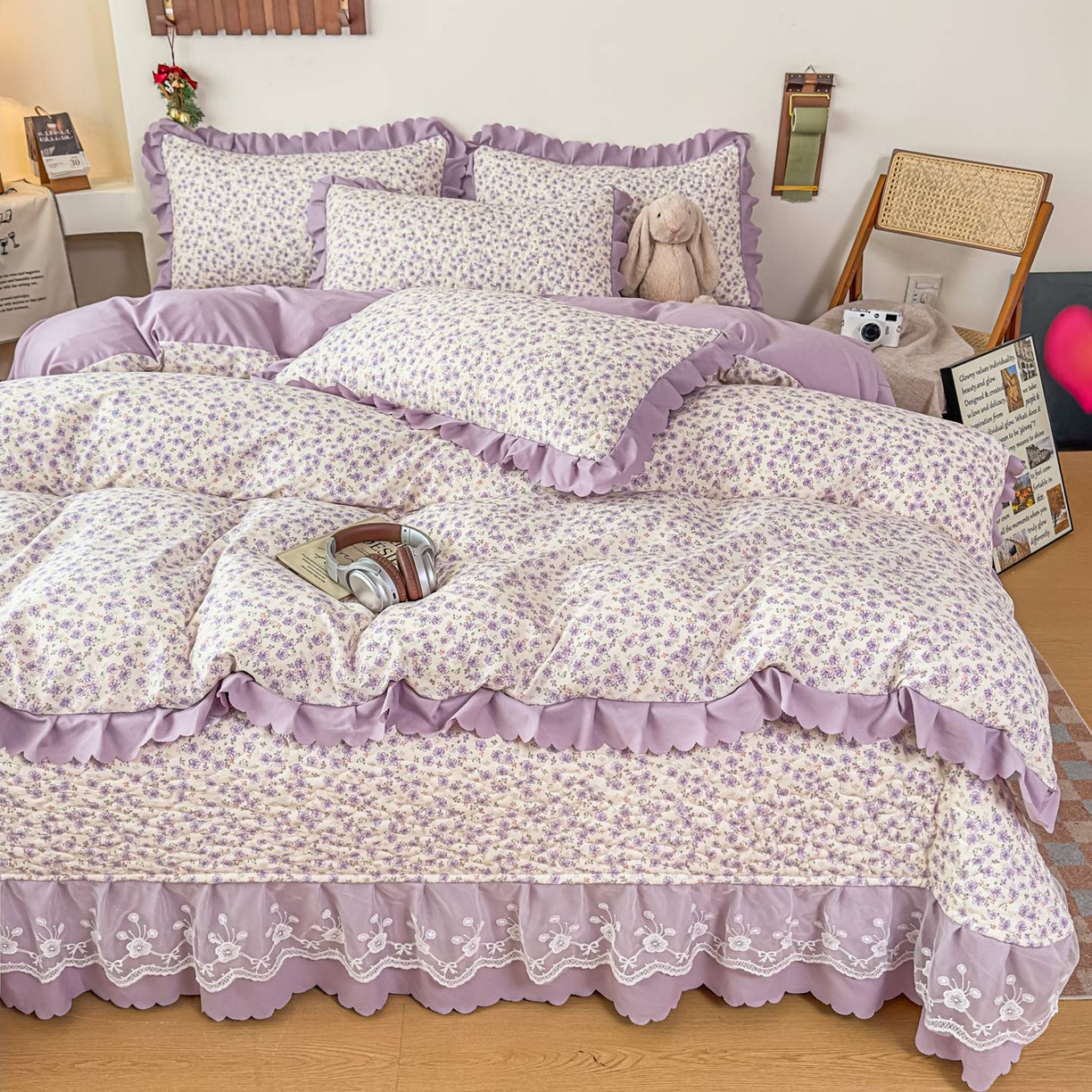 91家纺网 家纺一手货源 找家纺 雅眠居 2026新款直播爆款古法仿棉双层蕾丝花边床盖四件套 紫萱